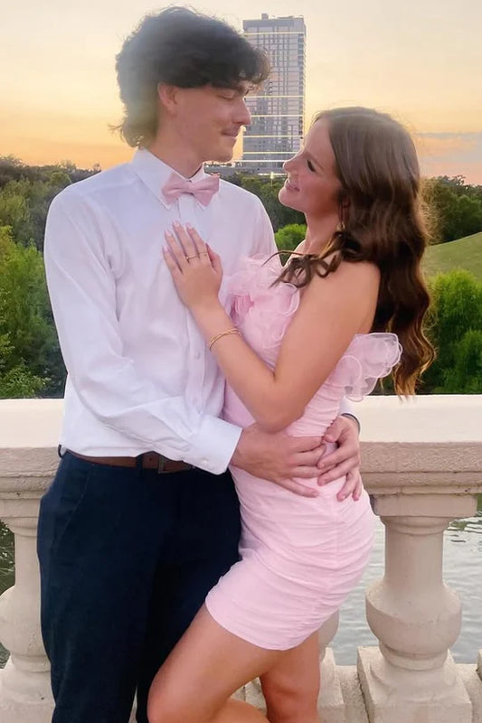 Pink Strapless Ruffles Pleated Mini Sleeveless Homecoming Party Dress