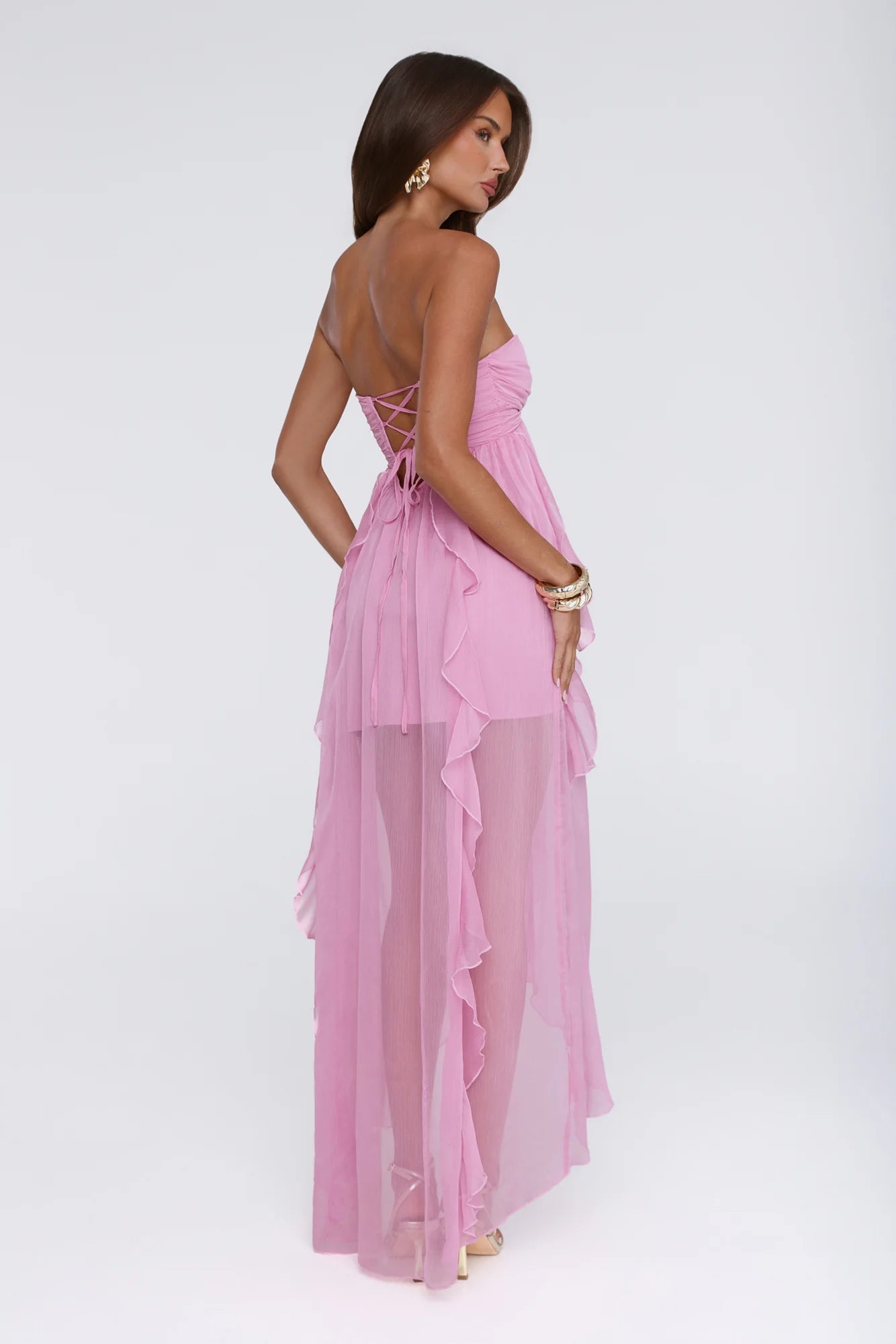 Pink Strapless Sweetheart Lace-Up Back Ruffled Chiffon Evening Dresses