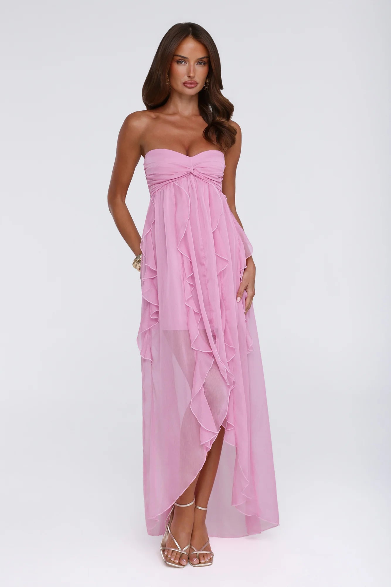 Pink Strapless Sweetheart Lace-Up Back Ruffled Chiffon Evening Dresses