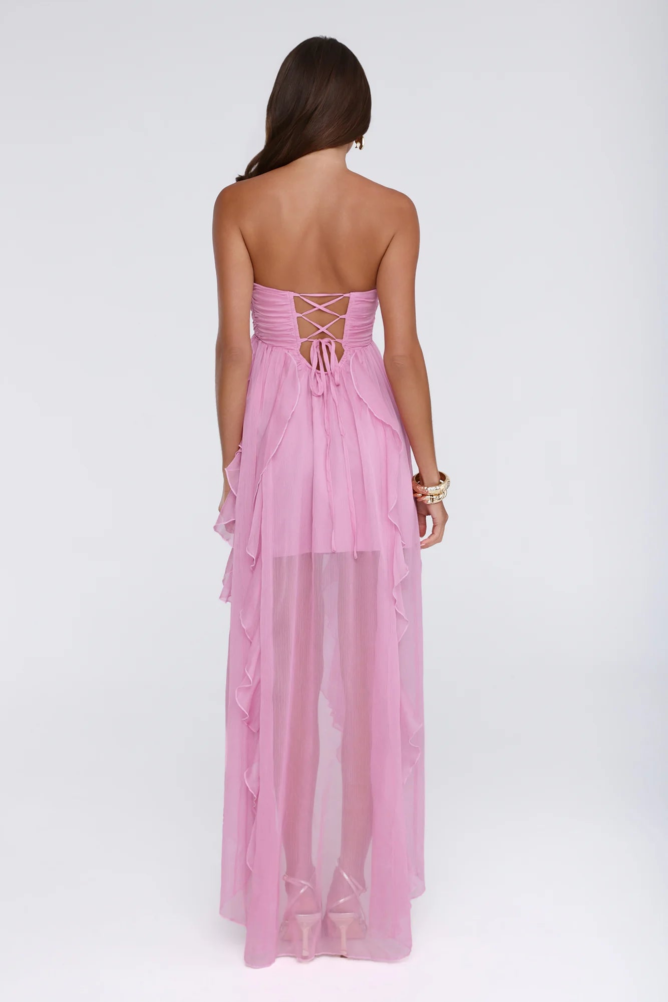 Pink Strapless Sweetheart Lace-Up Back Ruffled Chiffon Evening Dresses