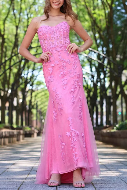 Pink Strapless Sweetheart Lace Appliques Mermaid Long Prom Dress