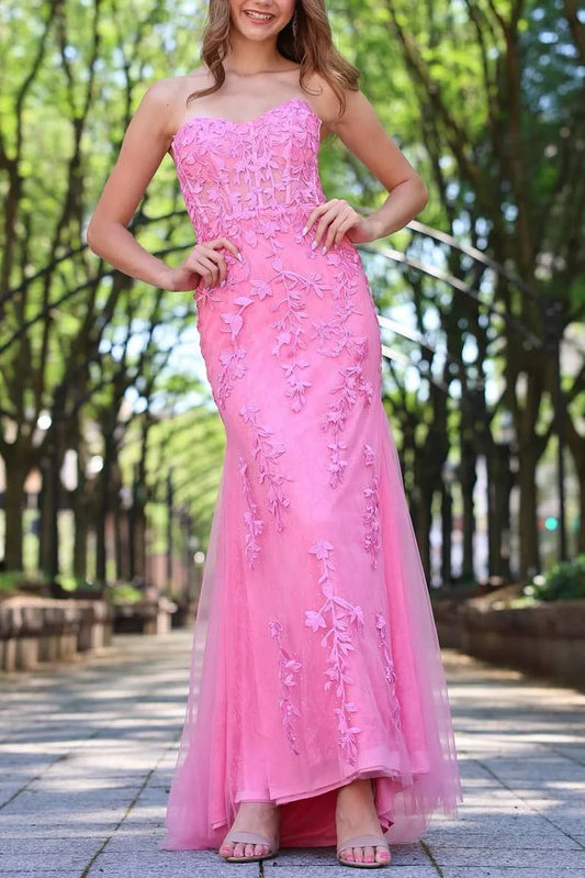 Pink Strapless Sweetheart Lace Appliques Mermaid Long Prom Dress