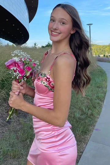 Pink Straps Sweetheart Appliques Pleated Satin Homecoming Party Dress