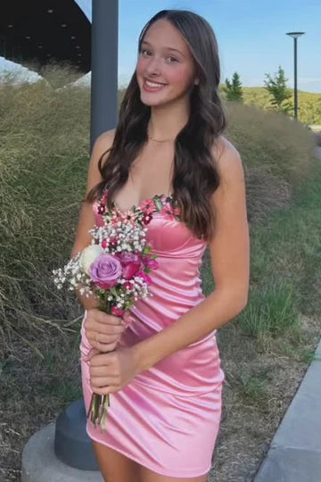 Pink Straps Sweetheart Appliques Pleated Satin Homecoming Party Dress