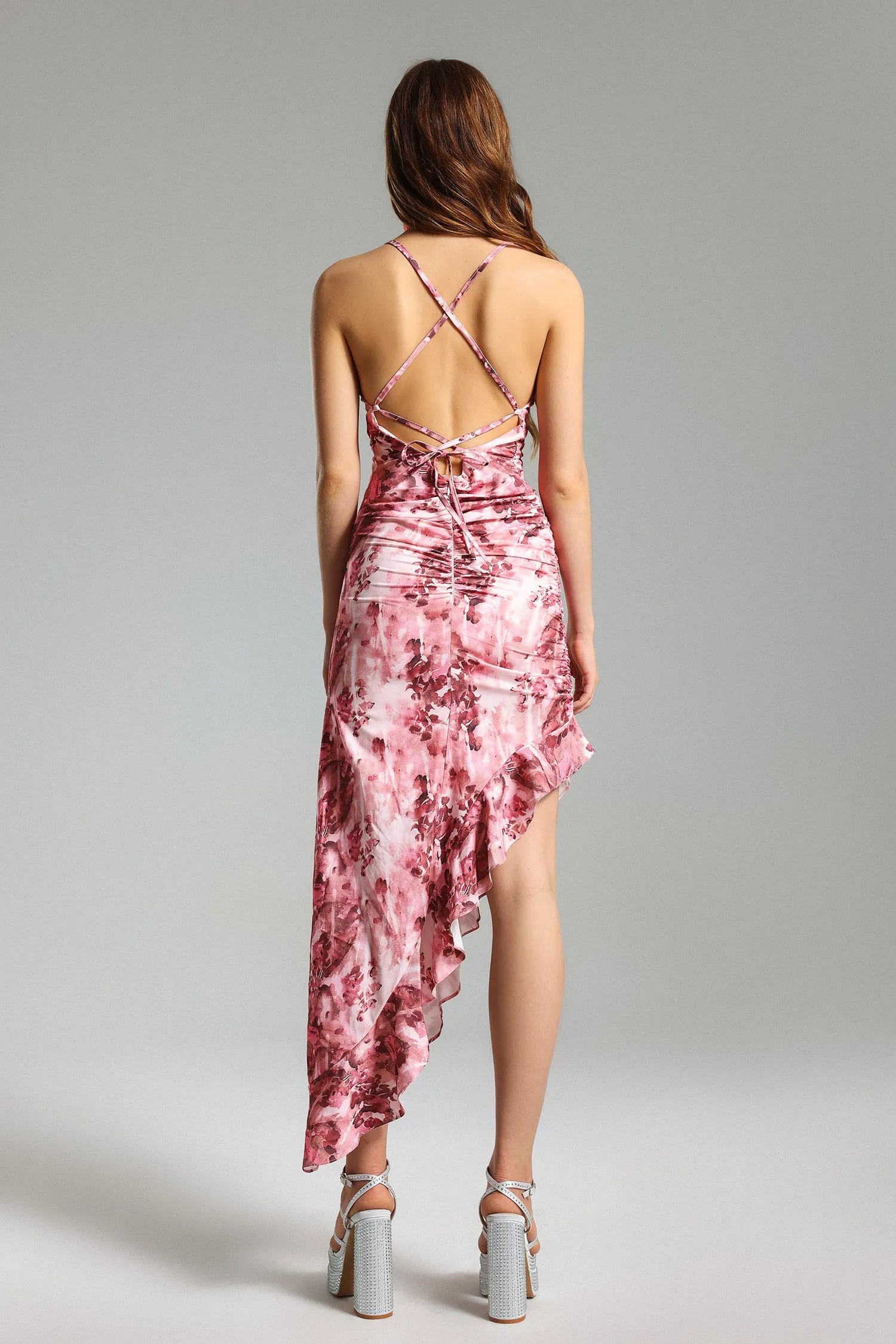 Pink Tie-Dye Ruched Asymmetrical Midi Evening Dresses