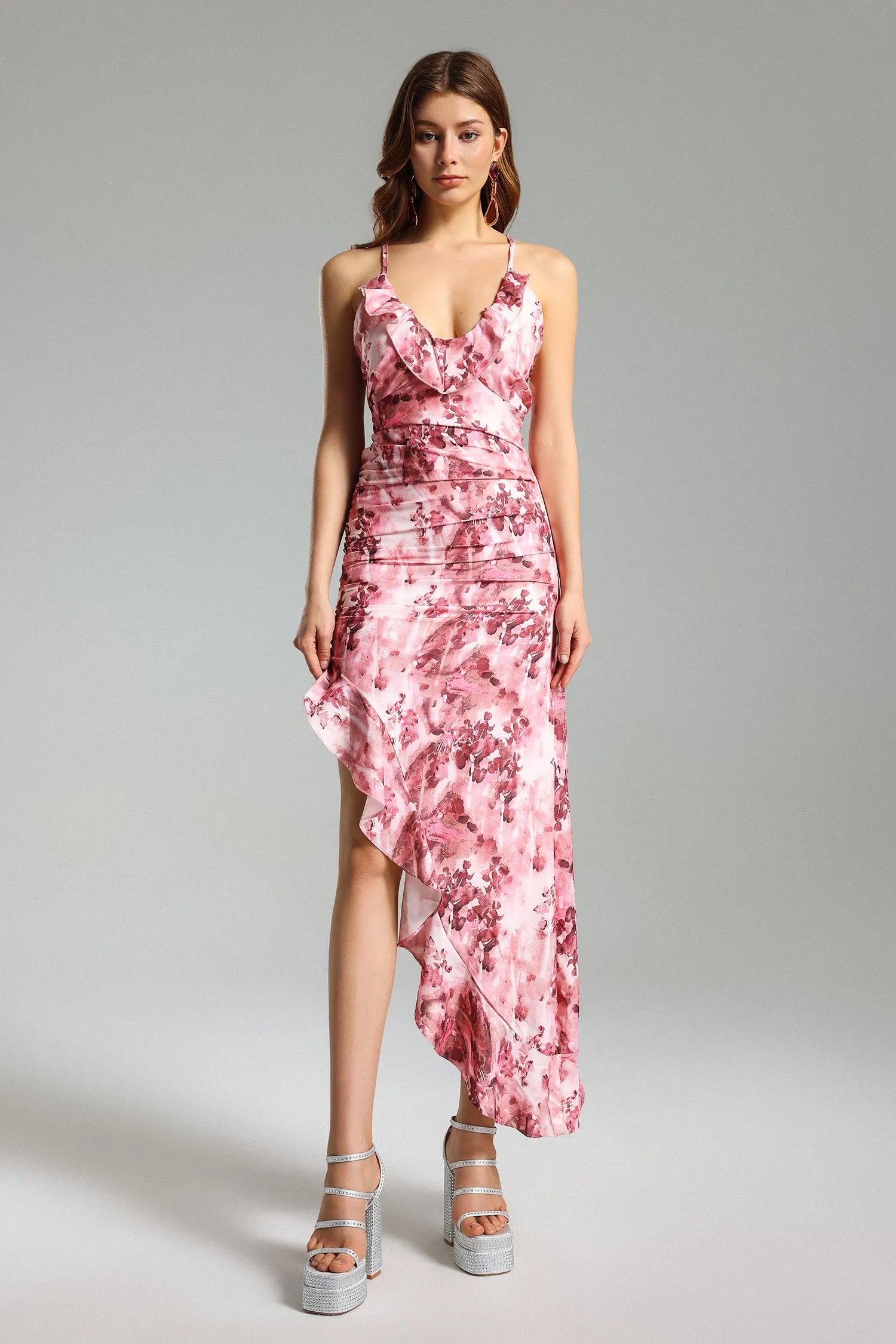 Pink Tie-Dye Ruched Asymmetrical Midi Evening Dresses