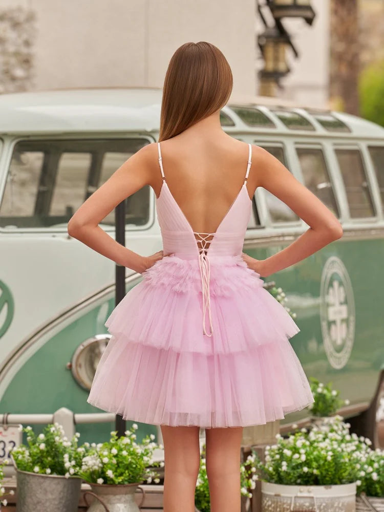 Pink Tulle Spaghetti Strap Lace-Up Back Tiered Ruffle Mini Evening Dresses