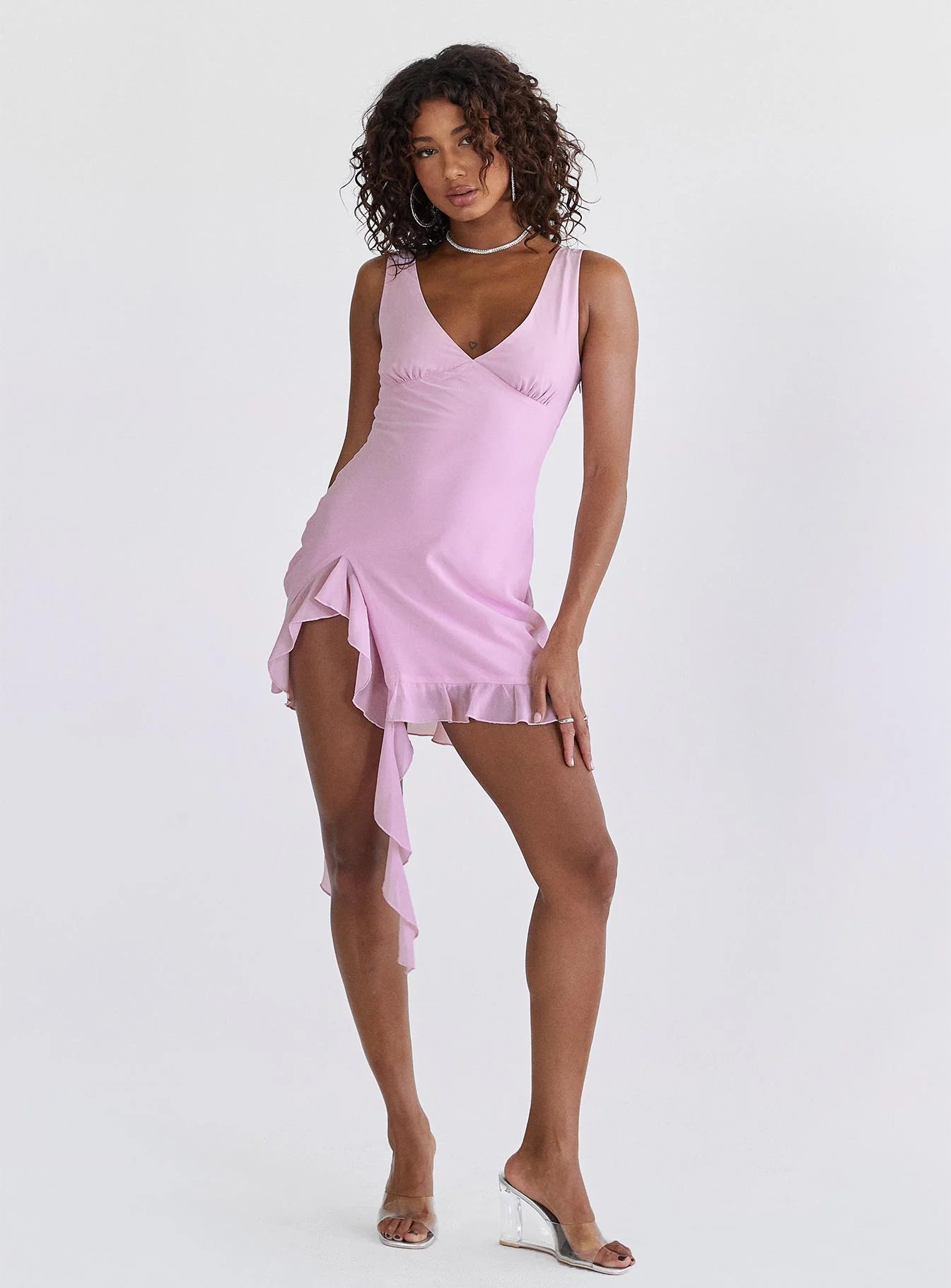 Pink V-Neck Ruffle Hem Asymmetrical Split Mini Evening Dresses