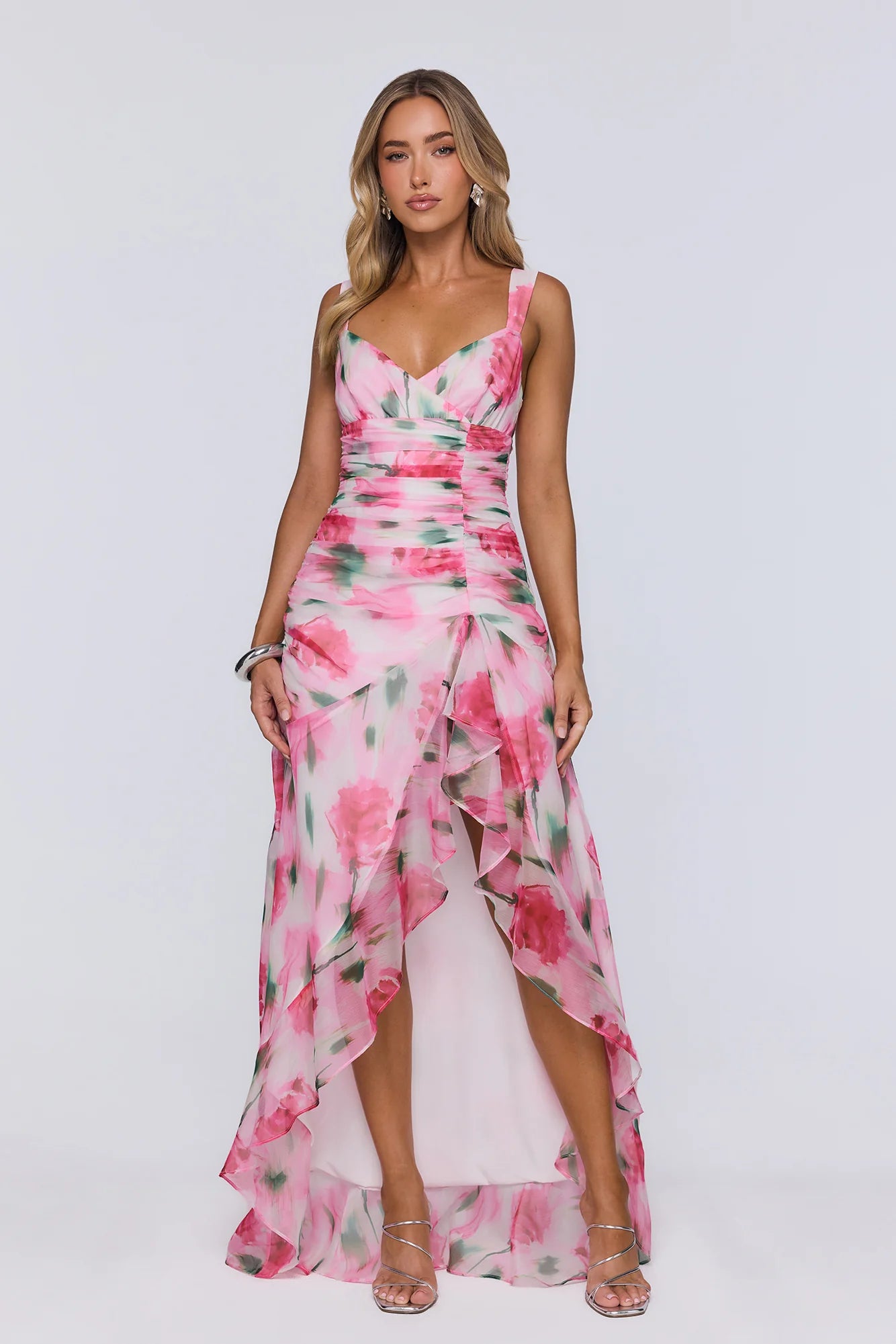 Pink Watercolor Floral Chiffon Evening Dress