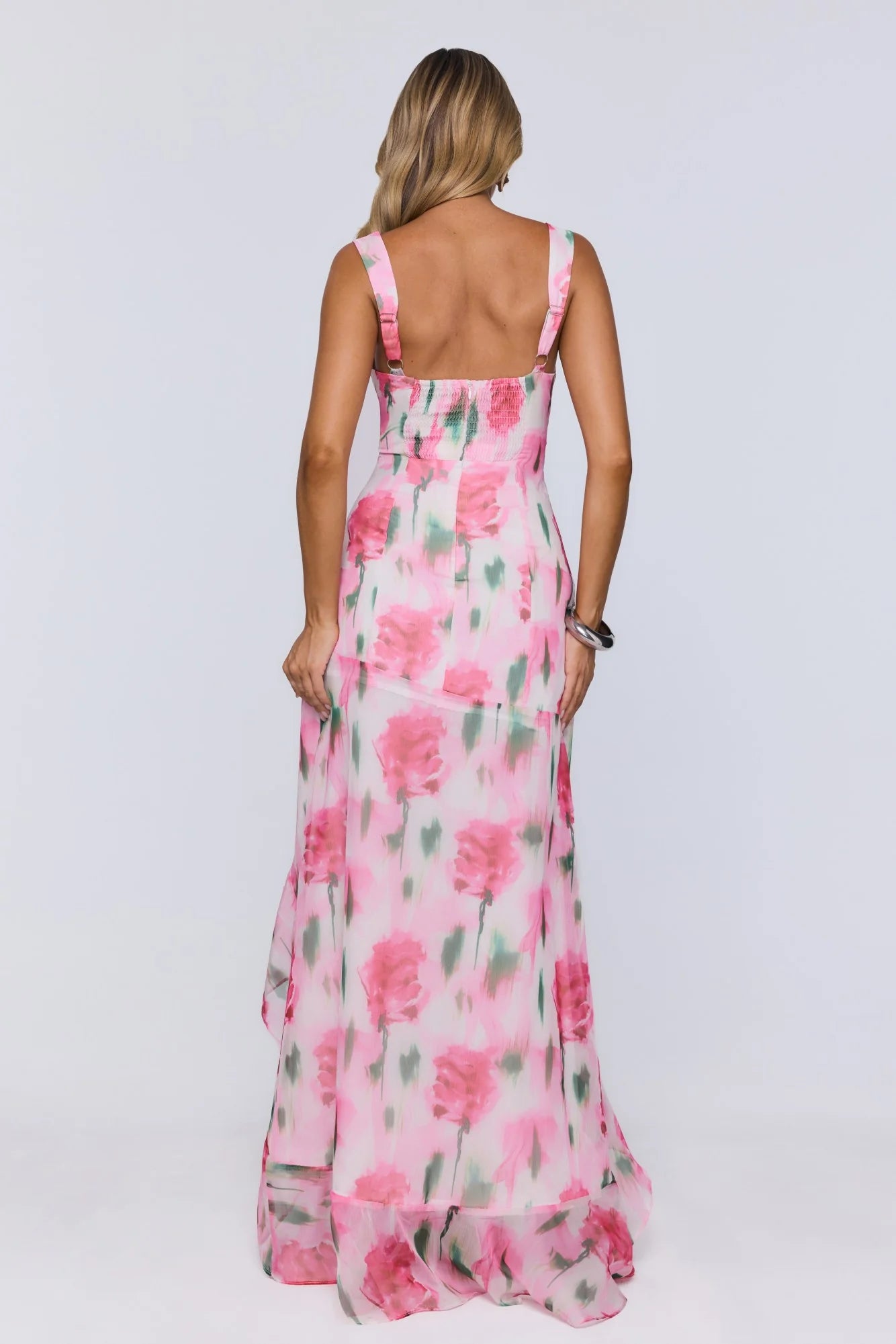 Pink Watercolor Floral Chiffon Evening Dress
