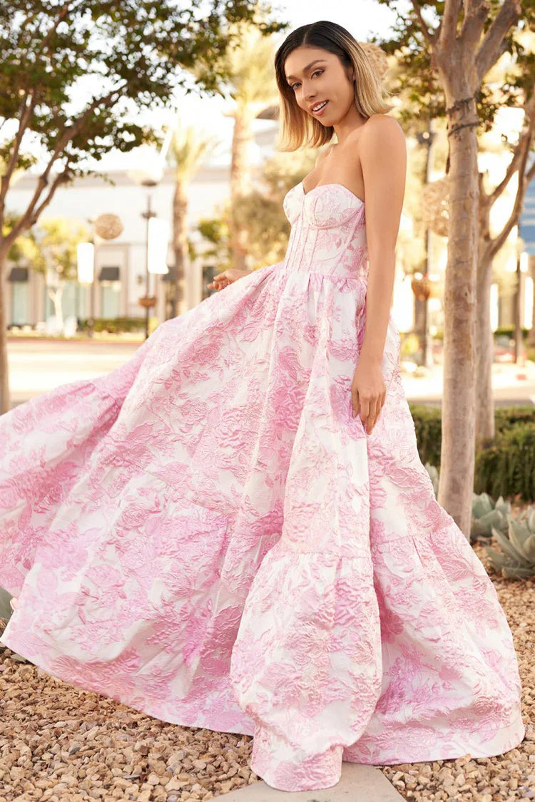 Pink White Floral Jacquard Strapless Corset Tieredwith Lace-Up Back Prom Dress