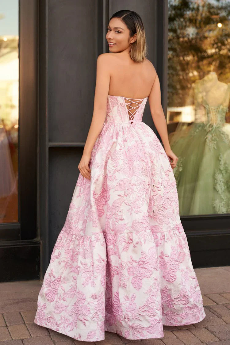 Pink White Floral Jacquard Strapless Corset Tieredwith Lace-Up Back Prom Dress