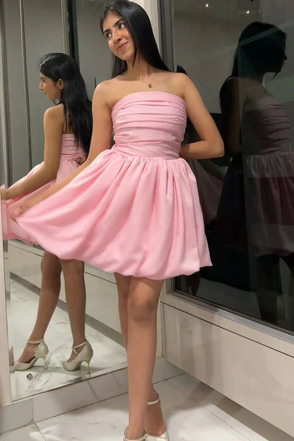Pink A-Line Strapless Scoop Pleated Sleeveless Short Party Homecoming Dress