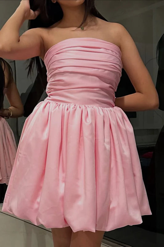 Pink A-Line Strapless Scoop Pleated Sleeveless Short Party Homecoming Dress
