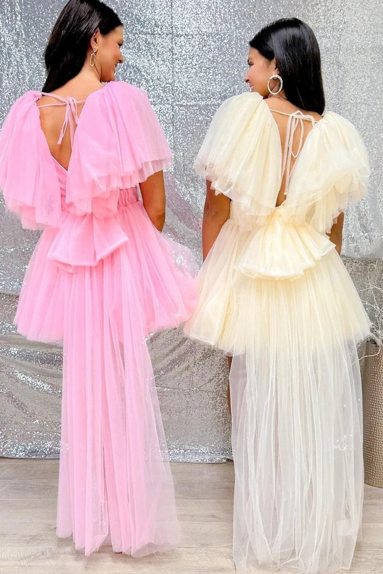 Pink & Cream Puff Sleeve High-Low Tulle Homecoming Dresses