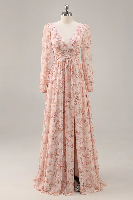 Pink flower A-line V-neck backless long dress dress with slit