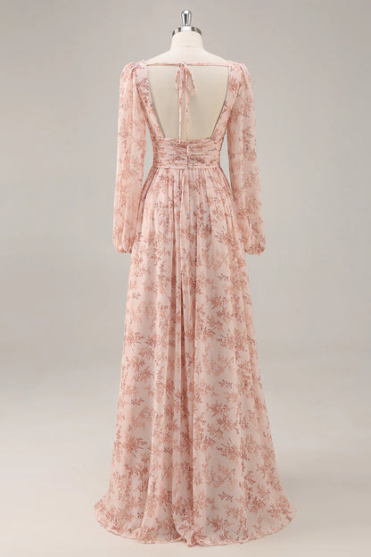 Pink flower A-line V-neck backless long dress dress with slit