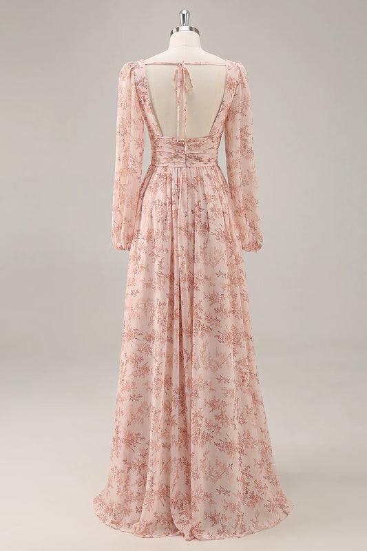 Pink flower A-line V-neck backless long dress dress with slit