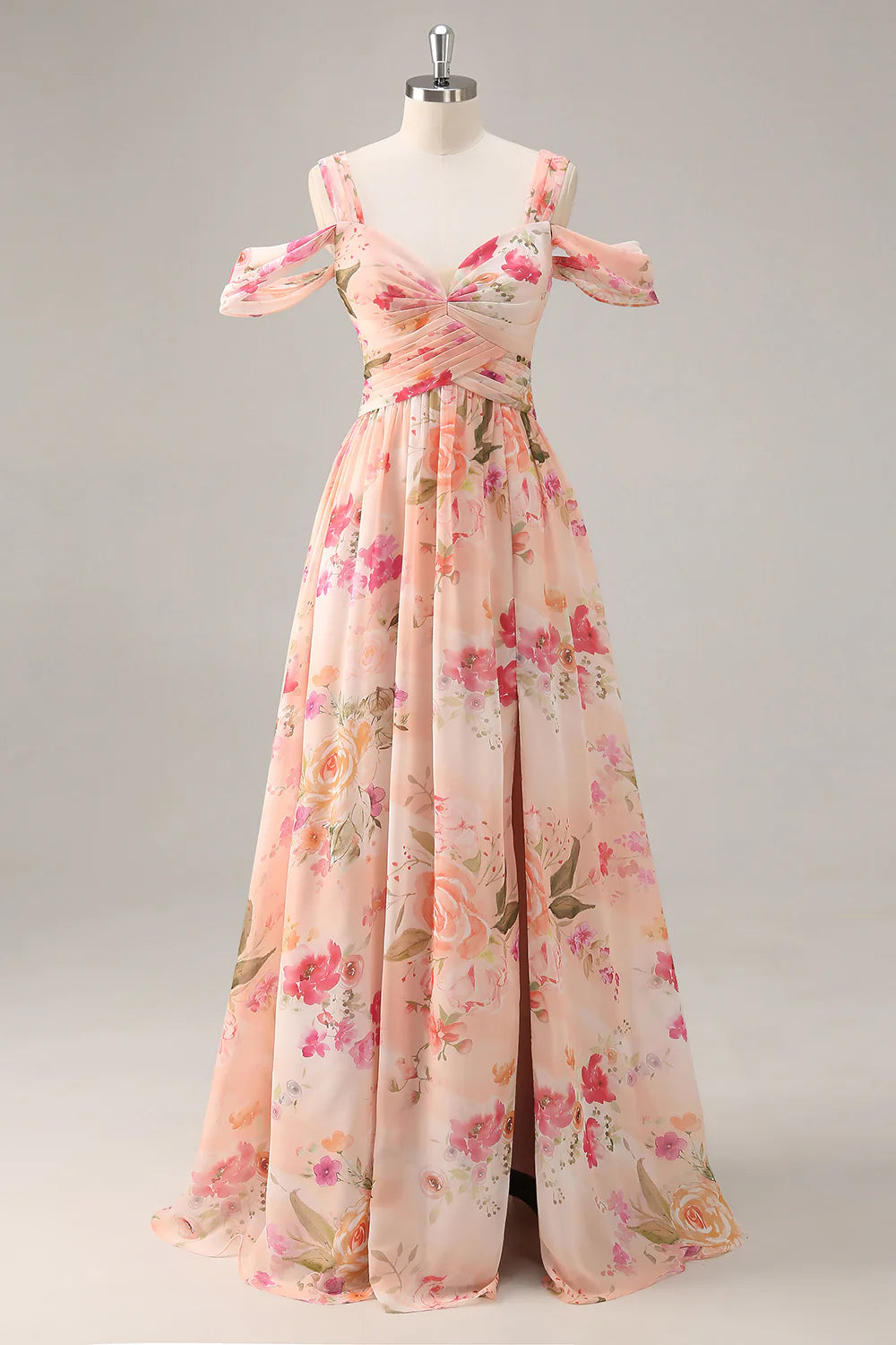 Pink flower A-line cold shoulder long dress with slit