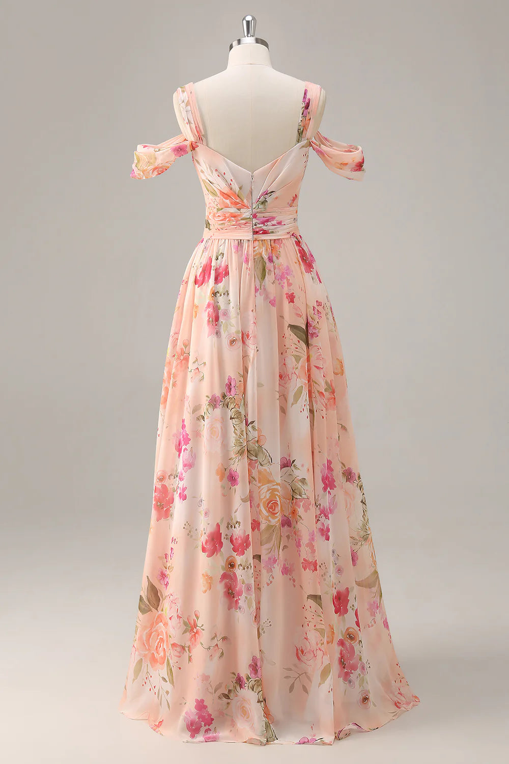 Pink flower A-line cold shoulder long dress with slit