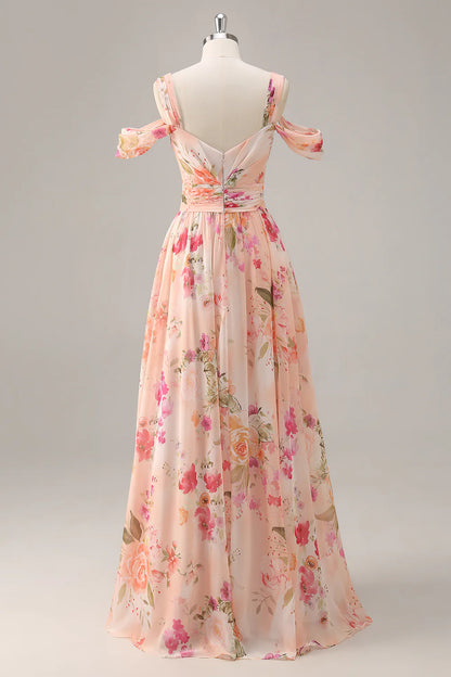 Pink flower A-line cold shoulder long dress with slit