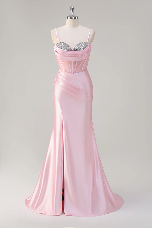 Pink mermaid spaghetti strap ruffled corset bead long with slit dress