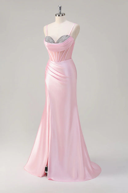 Pink mermaid spaghetti strap ruffled corset bead long with slit dress