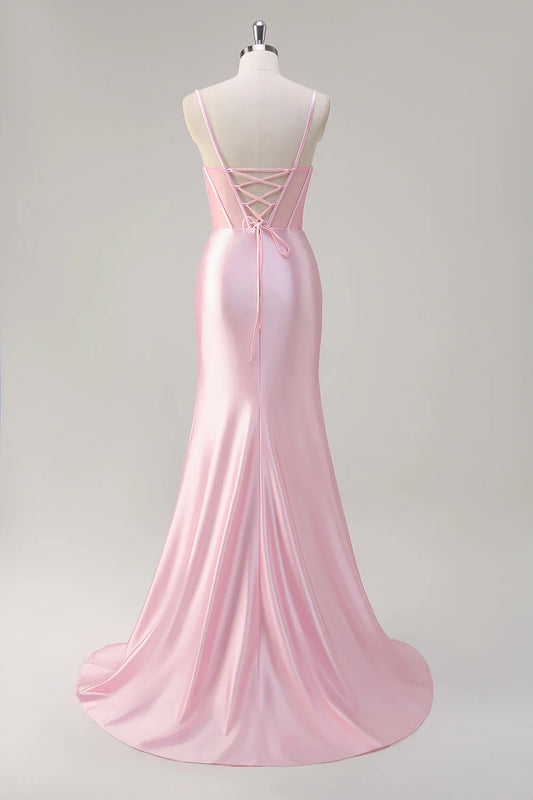 Pink mermaid spaghetti strap ruffled corset bead long with slit dress