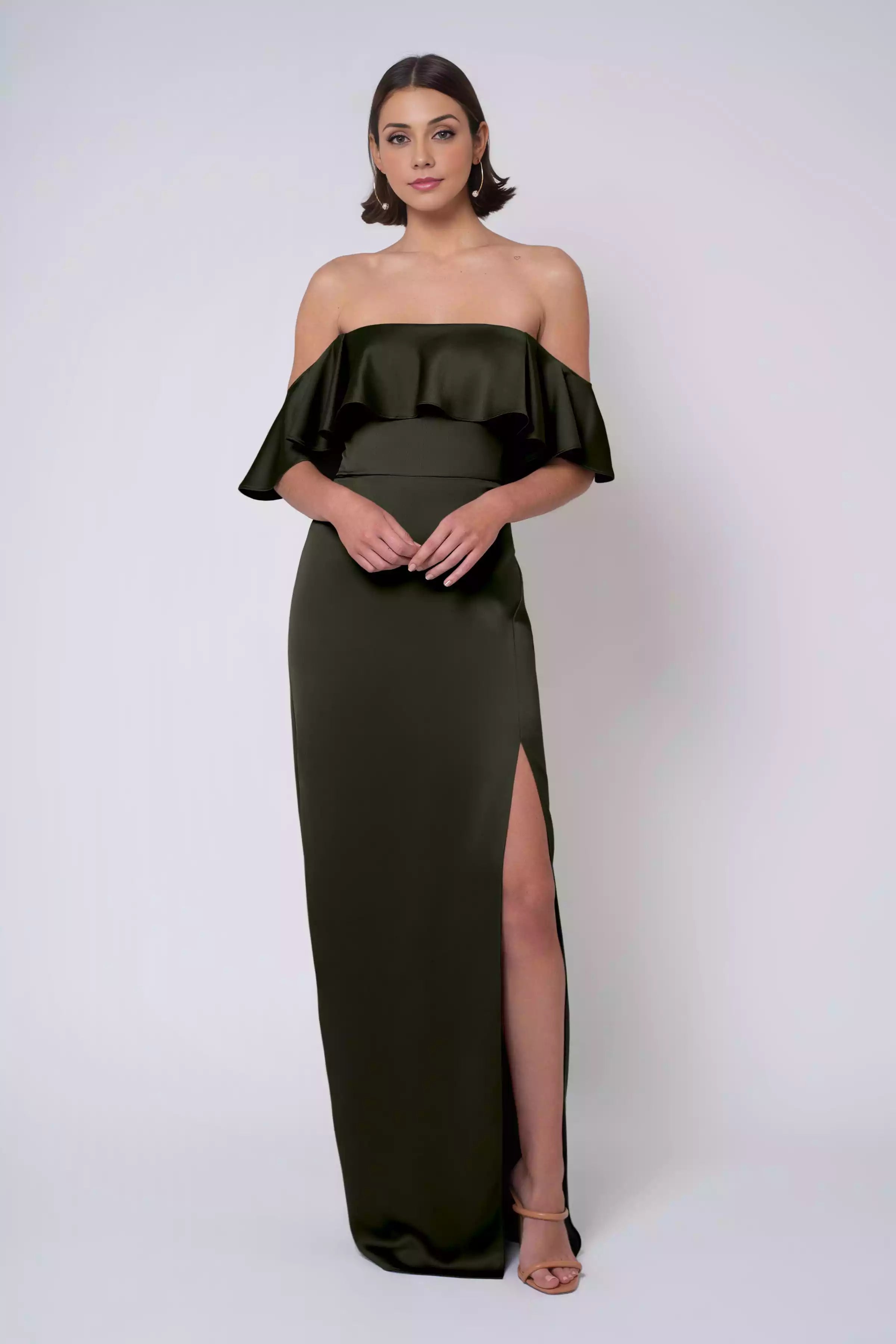 Playful and elegant pleated satin strapless neckline straight tube off shoulder neckline ruffled edge tight corset side slit Evening Dresses