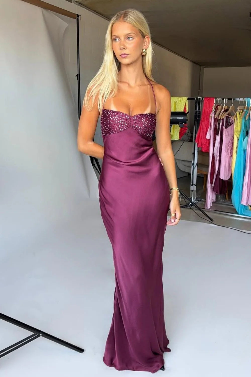 Plum Halter Beaded Lace-Up Back Satin Maxi Dresses