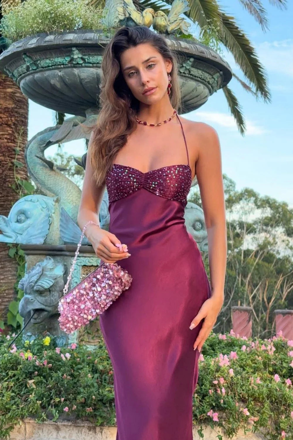 Plum Halter Beaded Lace-Up Back Satin Maxi Dresses