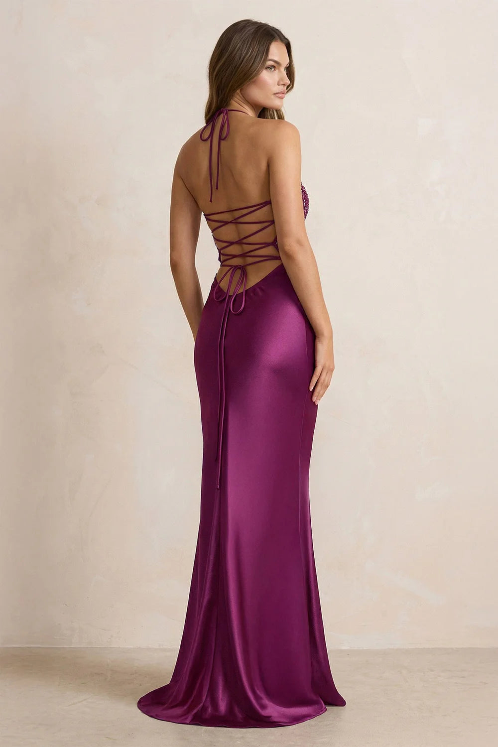 Plum Halter Neck Beaded Lace-Up Evening Dresses