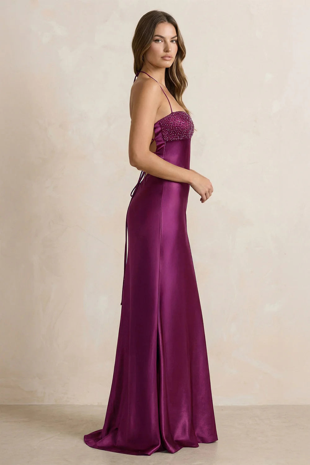 Plum Halter Neck Beaded Lace-Up Evening Dresses