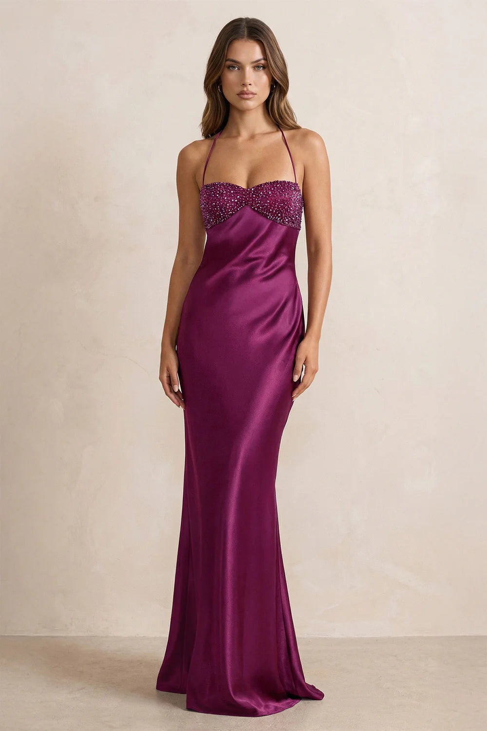 Plum Halter Neck Beaded Lace-Up Evening Dresses