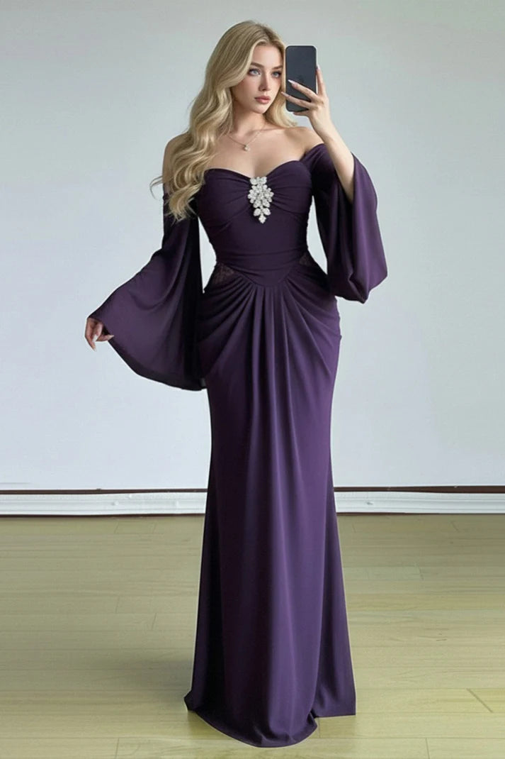 Plum Off-the-Shoulder Bell Sleeve Mermaid Evening Dresses
