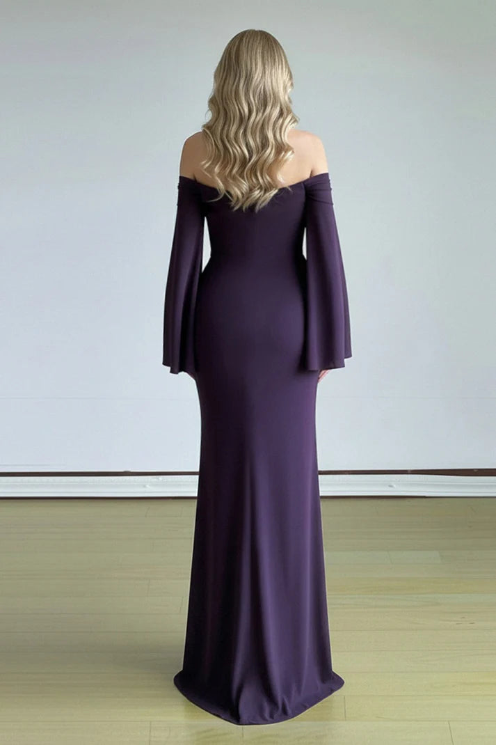 Plum Off-the-Shoulder Bell Sleeve Mermaid Evening Dresses