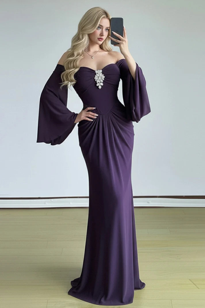 Plum Off-the-Shoulder Bell Sleeve Mermaid Evening Dresses