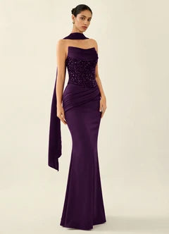 Plum Purple Beaded Capelet Mermaid Maxi Evening Dresses