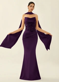 Plum Purple Beaded Capelet Mermaid Maxi Evening Dresses