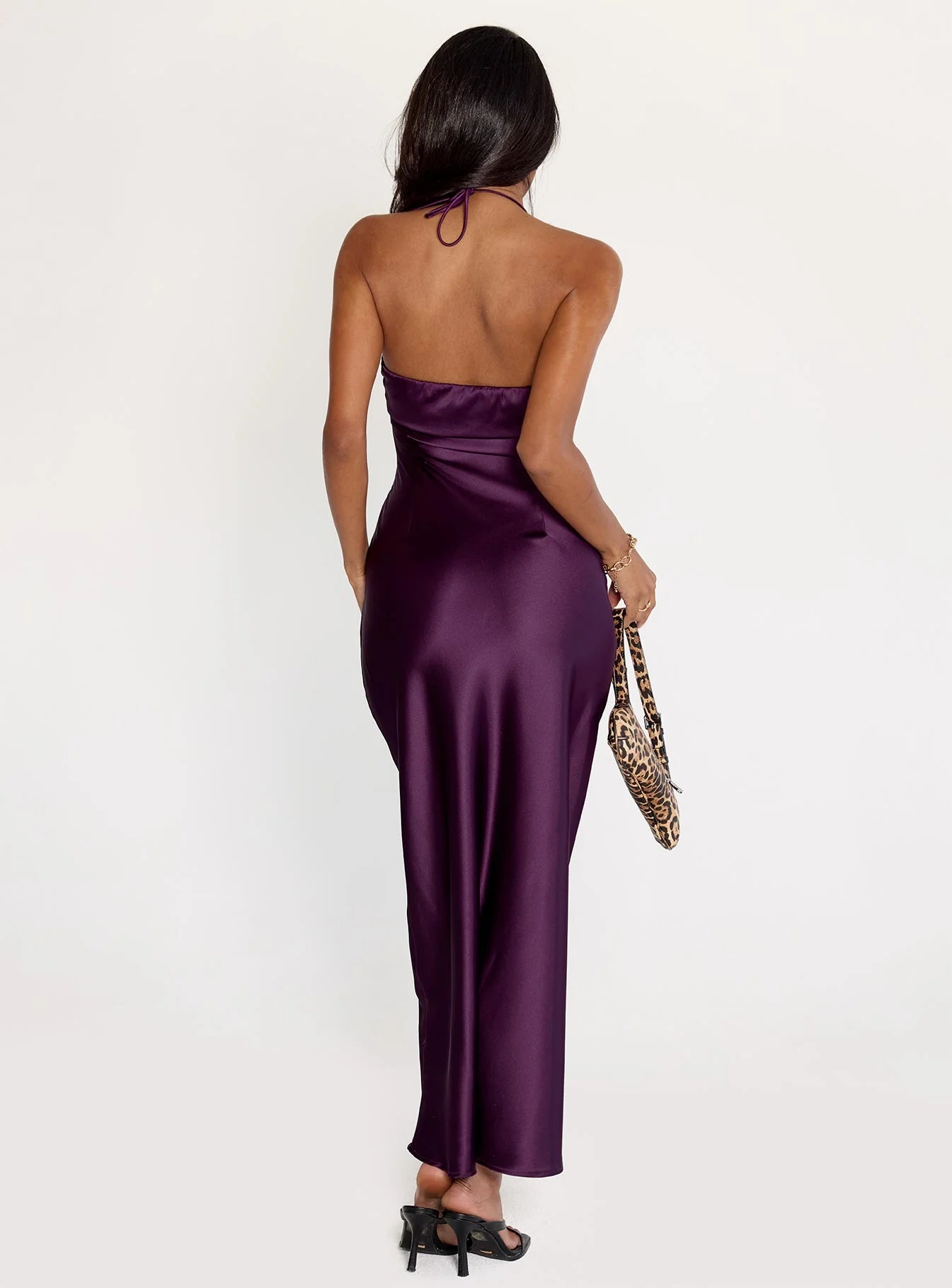 Plum Purple Satin Halter Neck Tie Back Bodycon Maxi Evening Dresses
