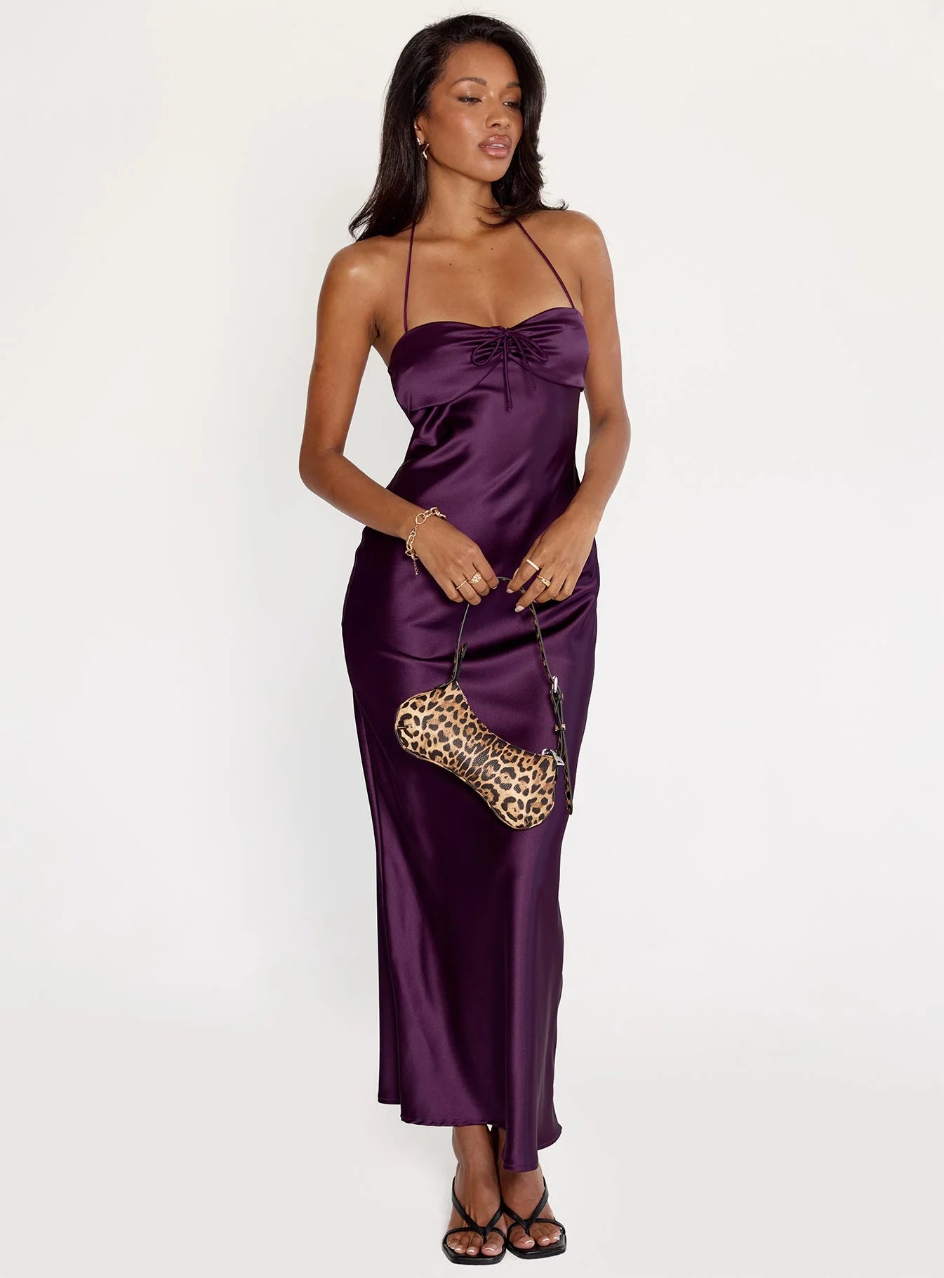 Plum Purple Satin Halter Neck Tie Back Bodycon Maxi Evening Dresses