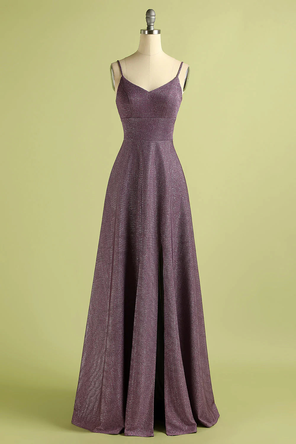 Plum Purple Spaghetti Strap V-Neck Lace-Up Back Shimmer A-Line Maxi Evening Dresses