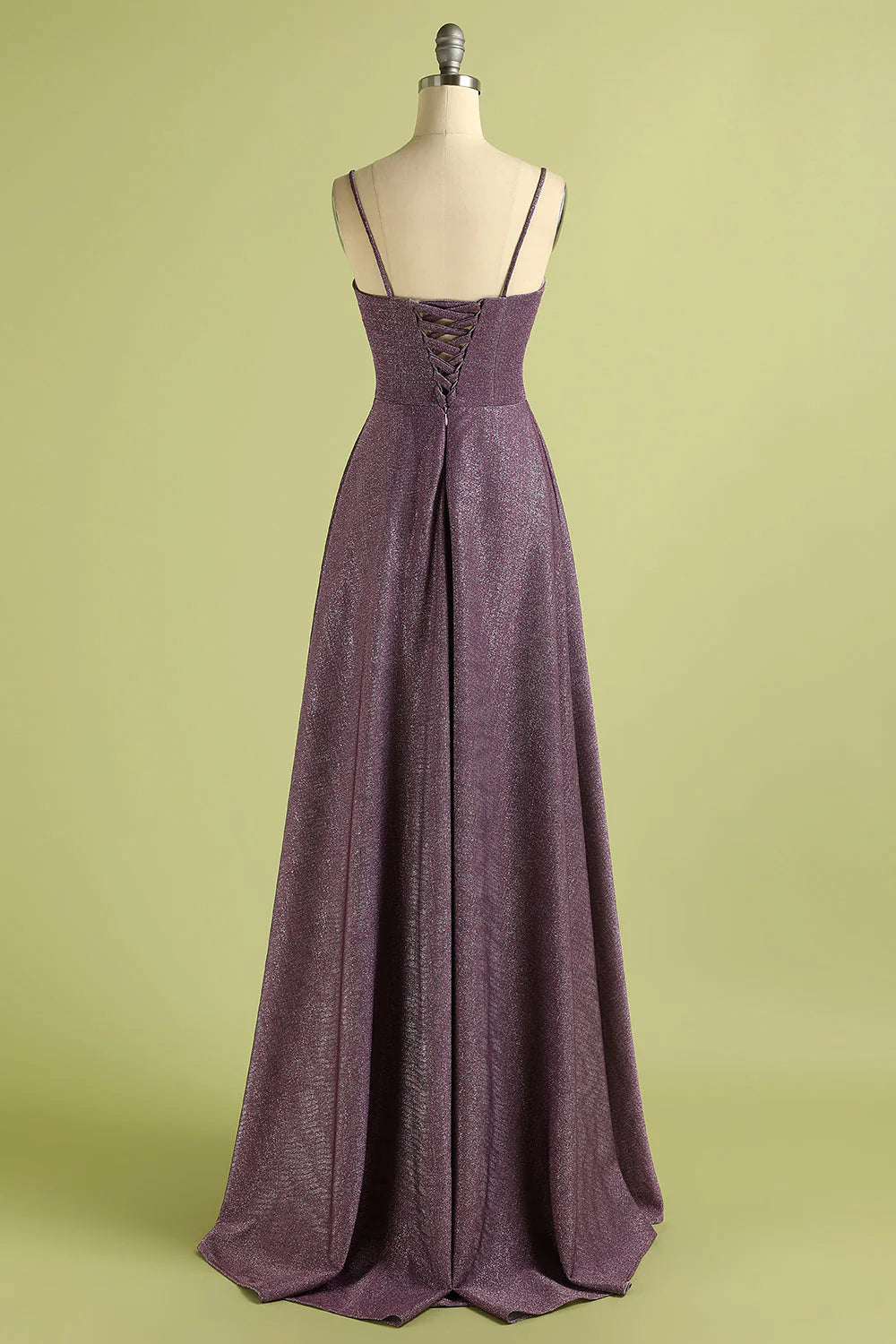 Plum Purple Spaghetti Strap V-Neck Lace-Up Back Shimmer A-Line Maxi Evening Dresses