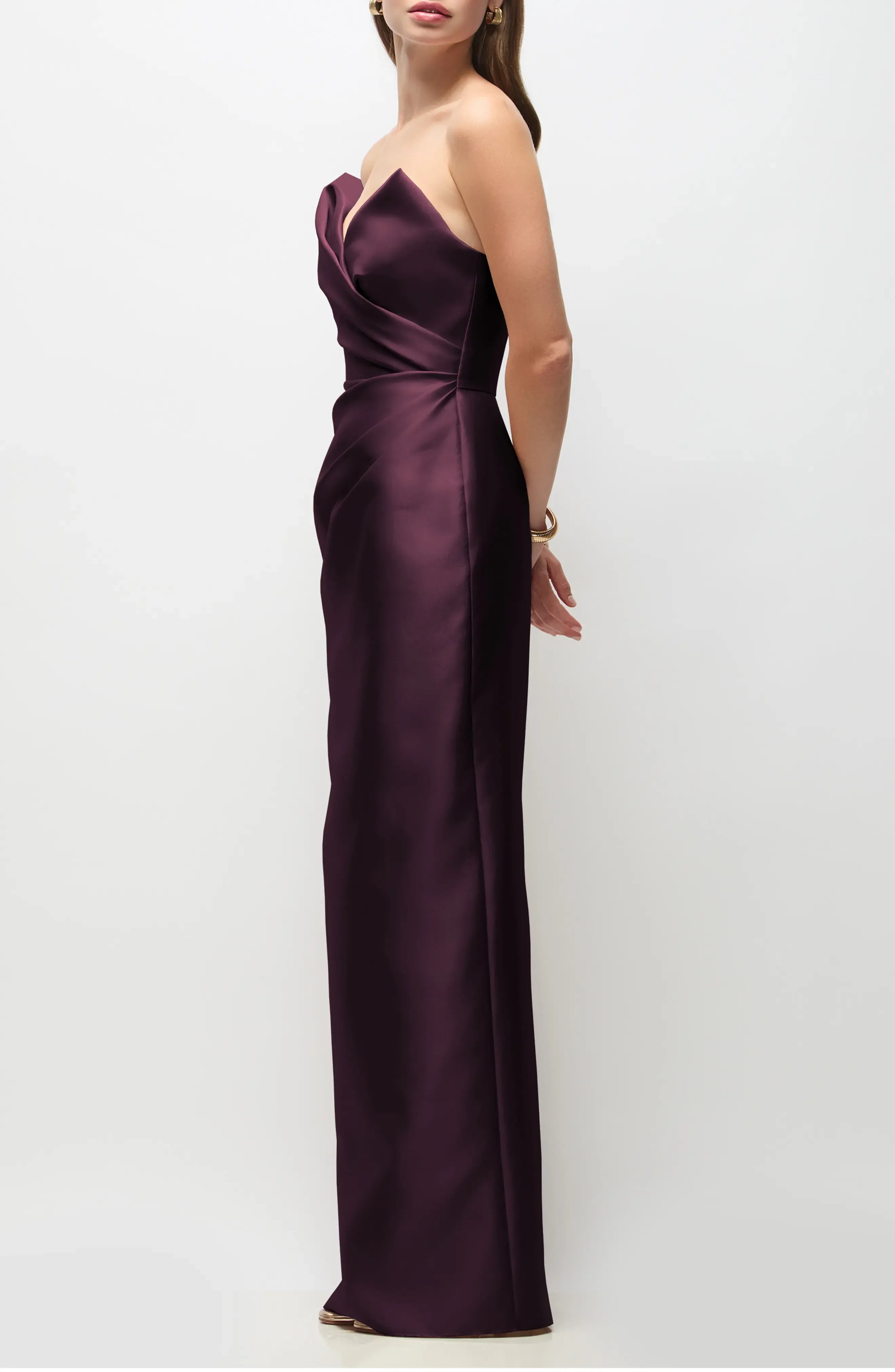 Plum Purple Strapless Draped Satin Evening Dresses with Slit