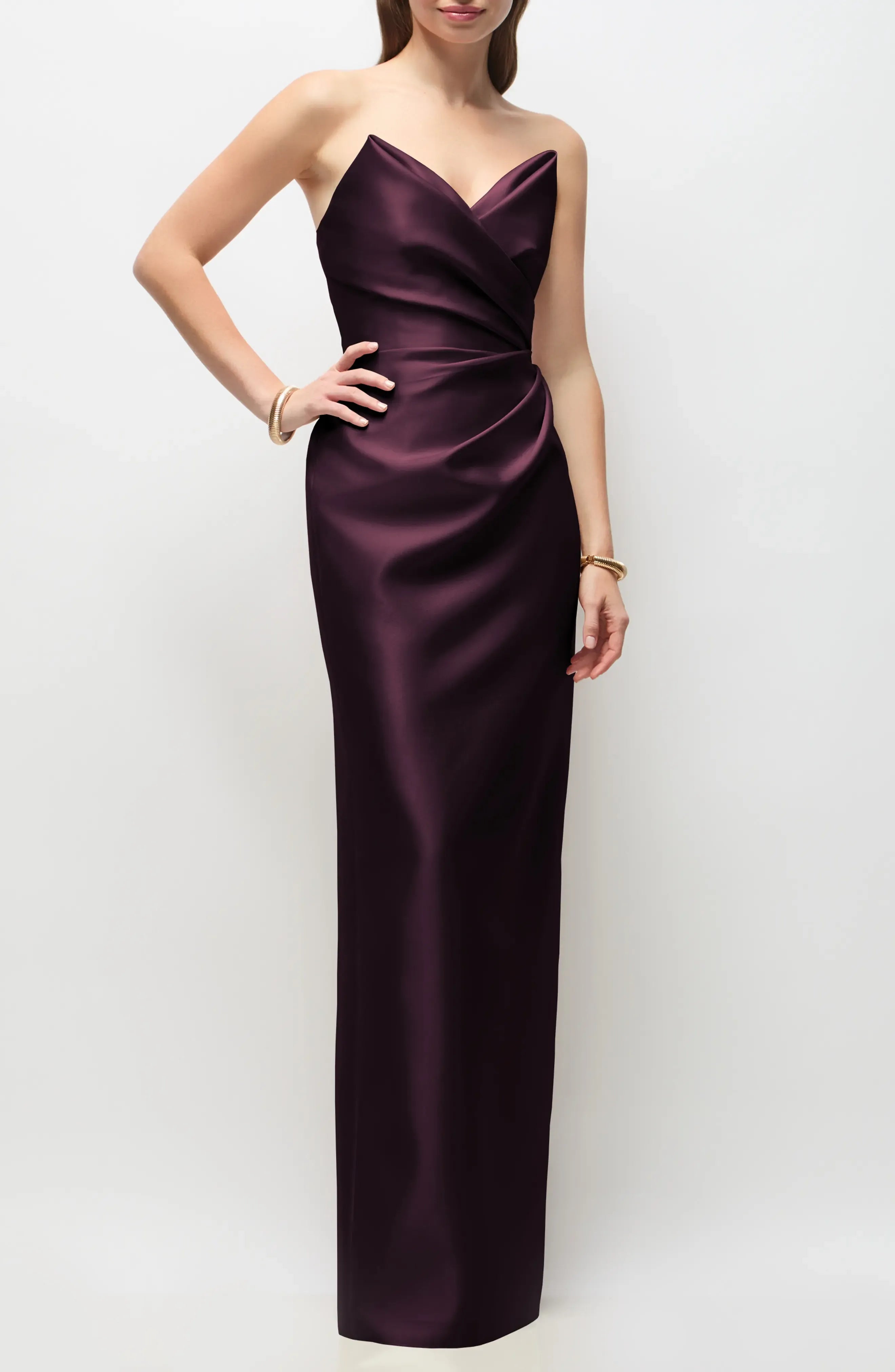 Plum Purple Strapless Draped Satin Evening Dresses with Slit