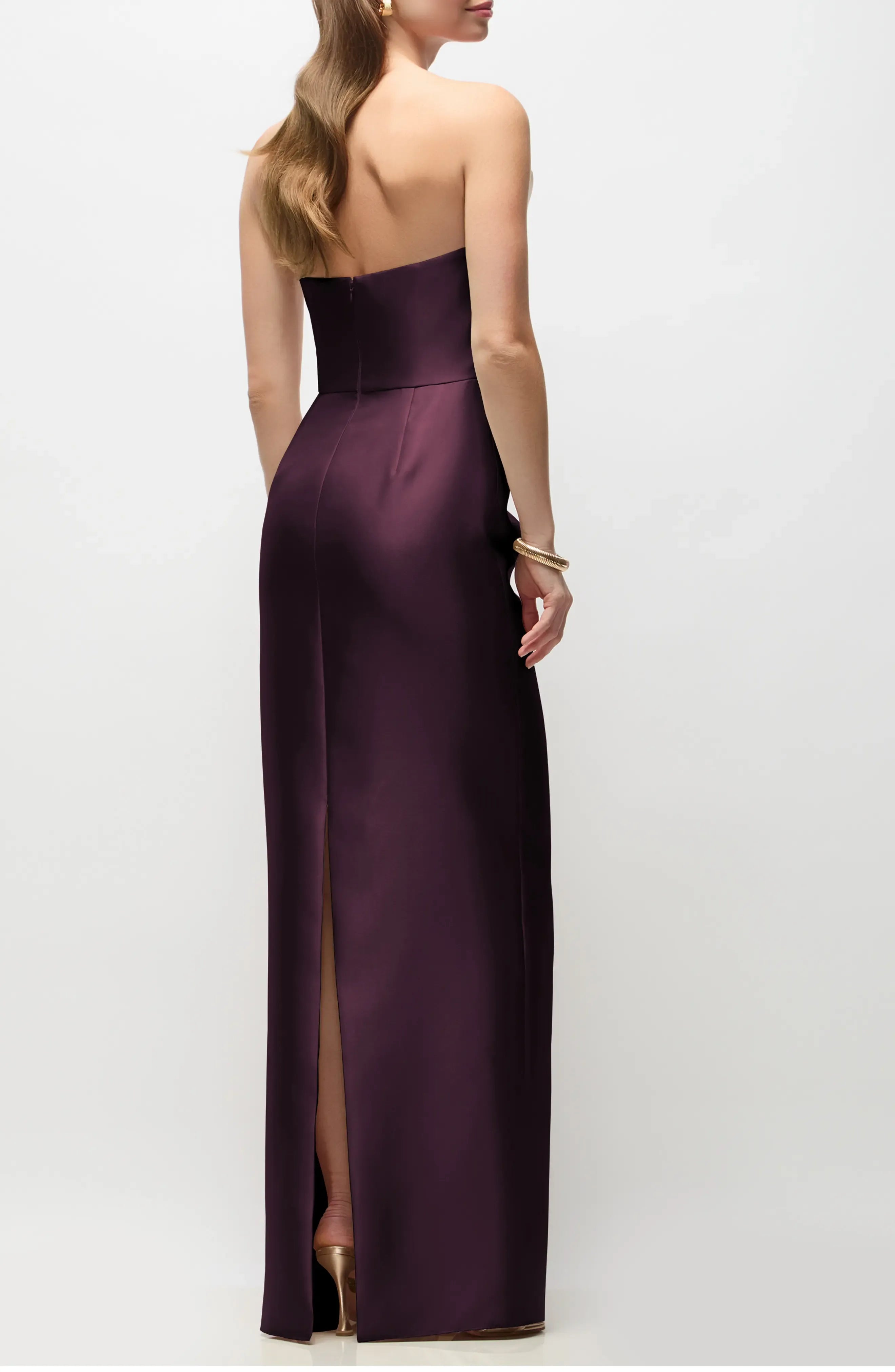 Plum Purple Strapless Draped Satin Evening Dresses with Slit