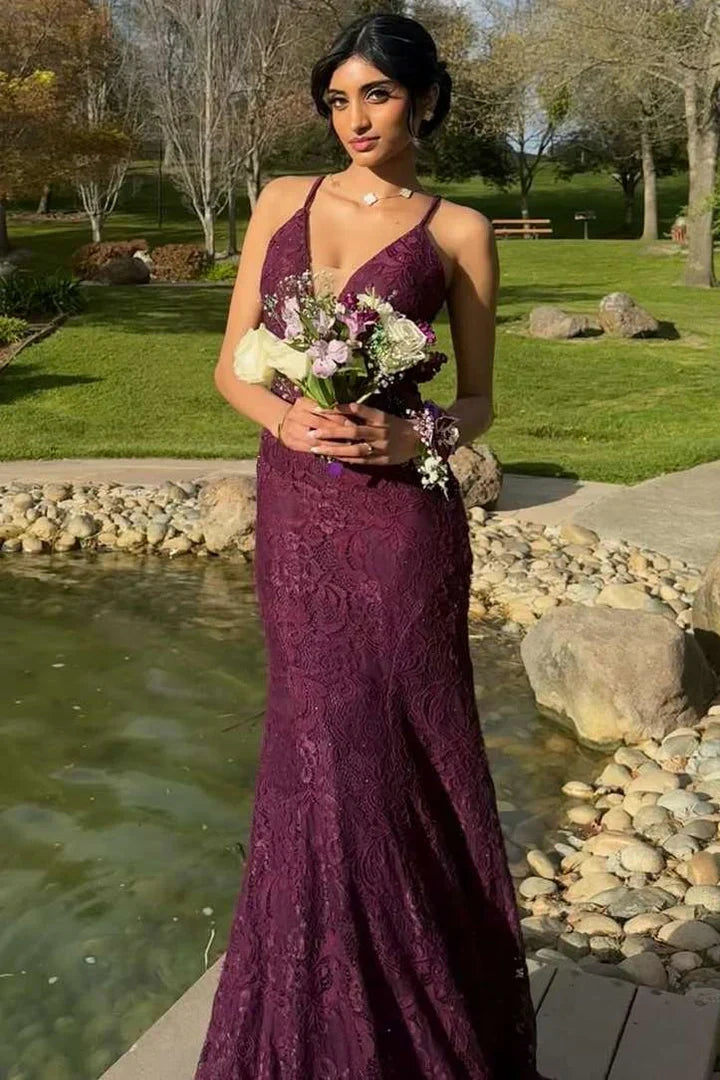 Plum Spaghetti Strap Lace Mermaid Maxi Dress with Deep V & Open Back