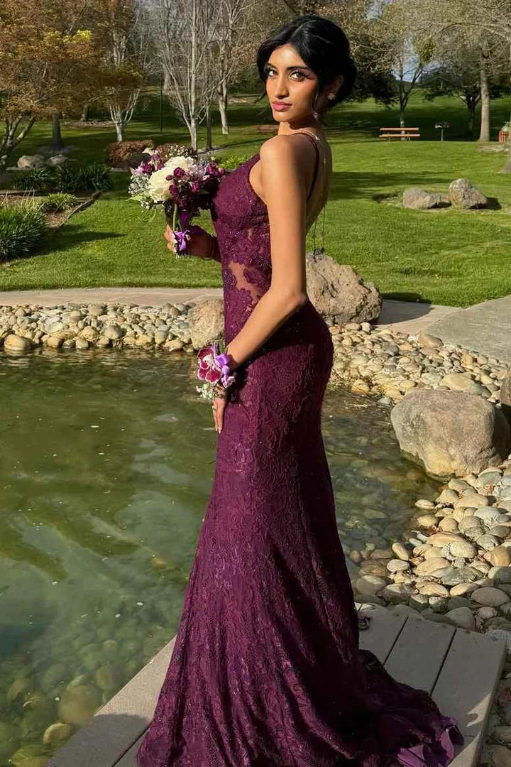 Plum Spaghetti Strap Lace Mermaid Maxi Dress with Deep V & Open Back