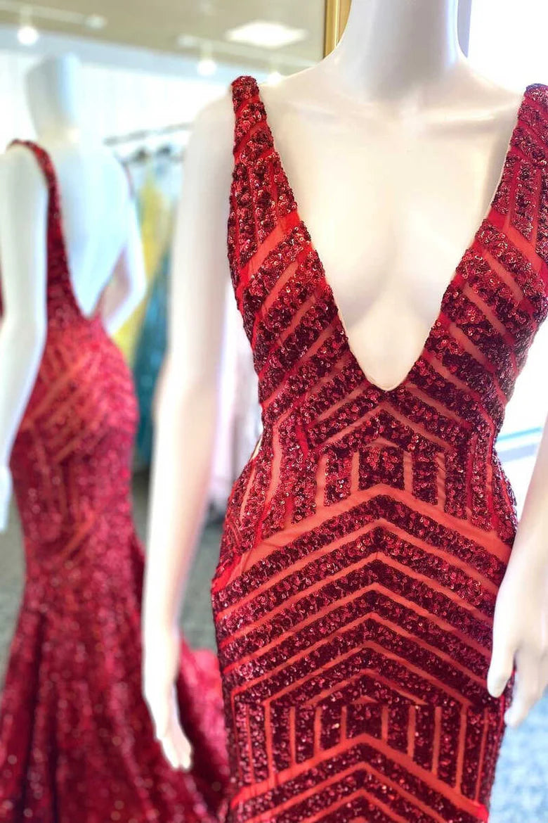 Plunging V-Neck Sequins Sleeveless Mermaid Long Evening Prom Dress
