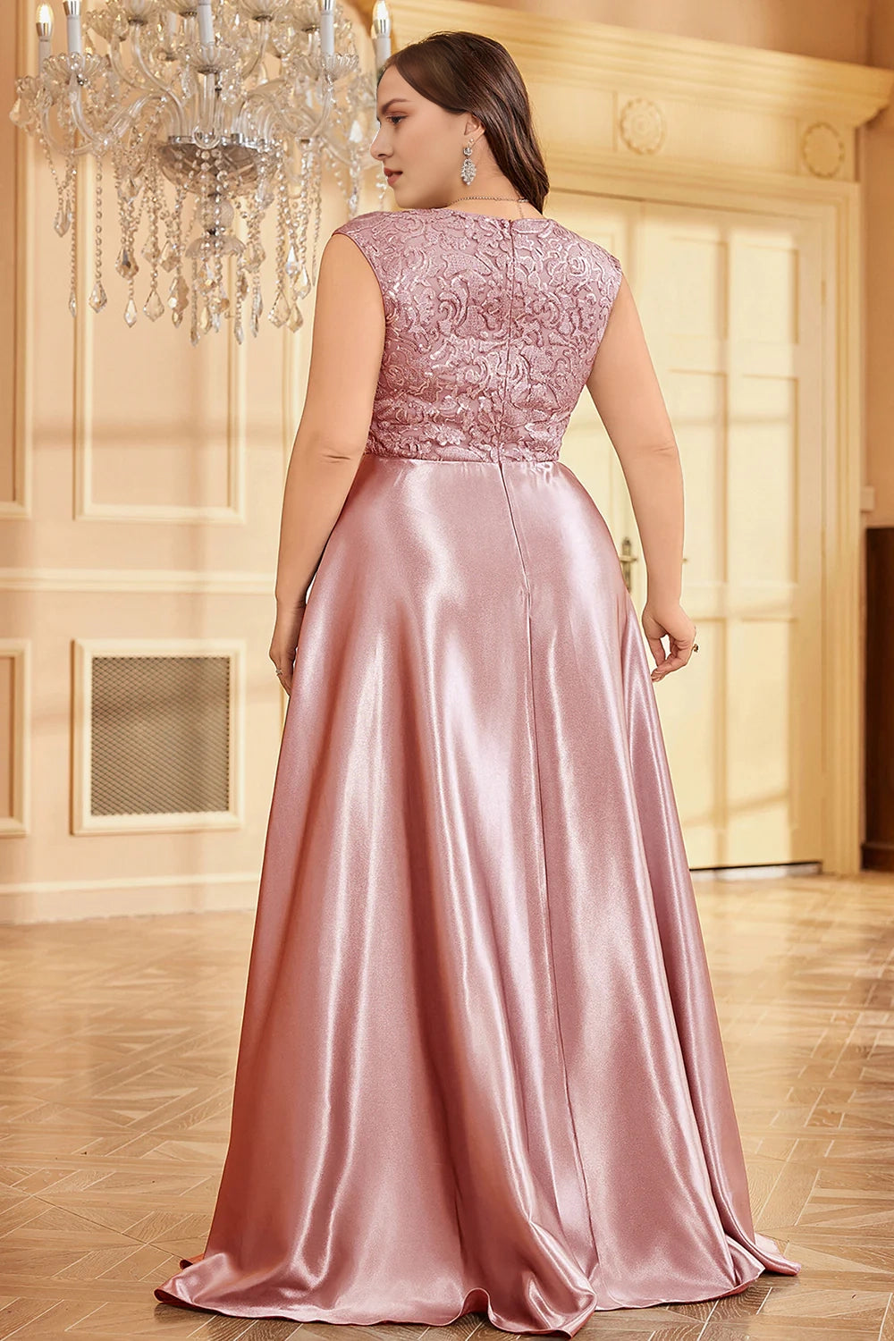 Plus Size Blush Pink Appliques Satin A Line Long Mother Of The Bride Dress